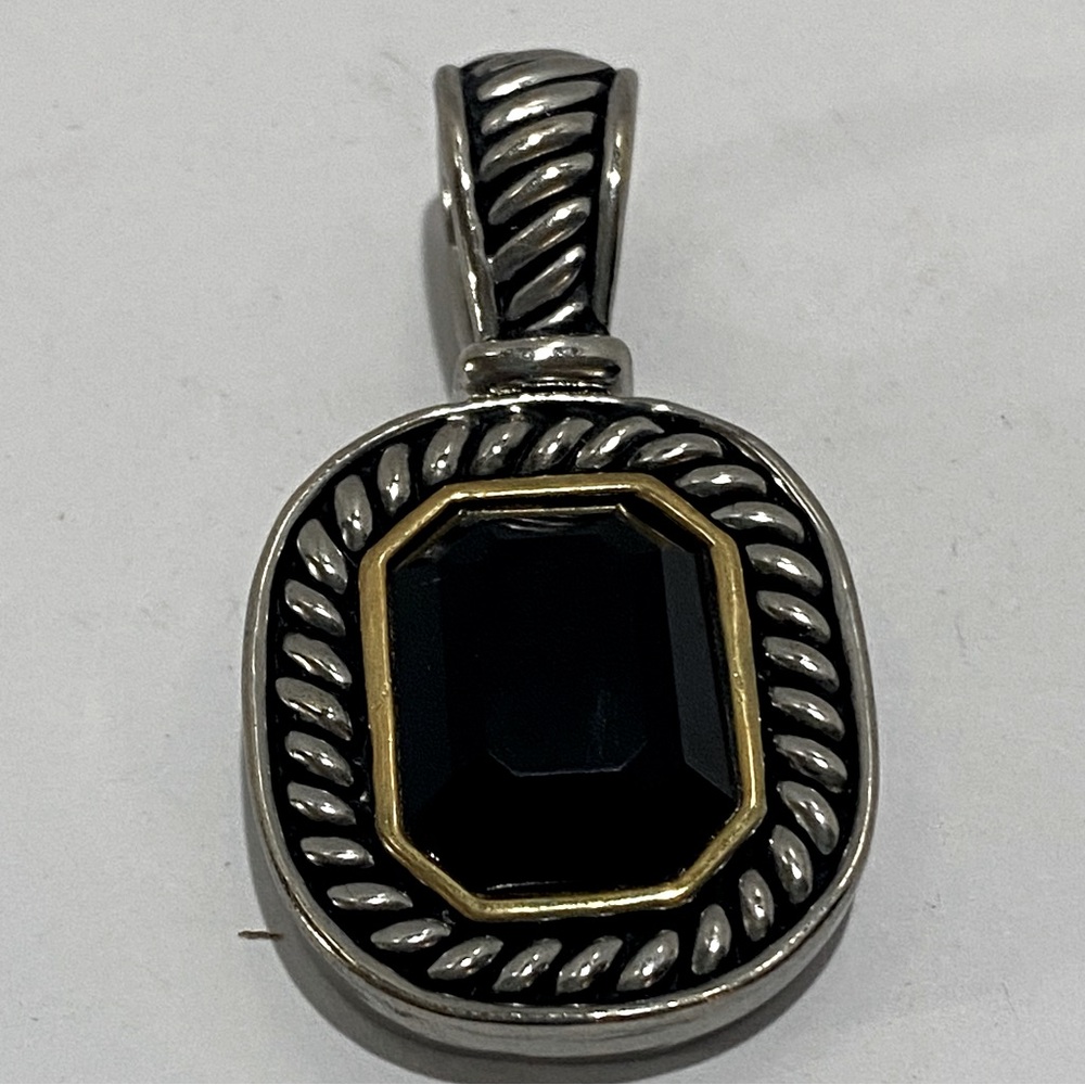 VTG Rope Design Pendant Silver & Gold Tone Black Faceted Stone Two-Tone Unmarked